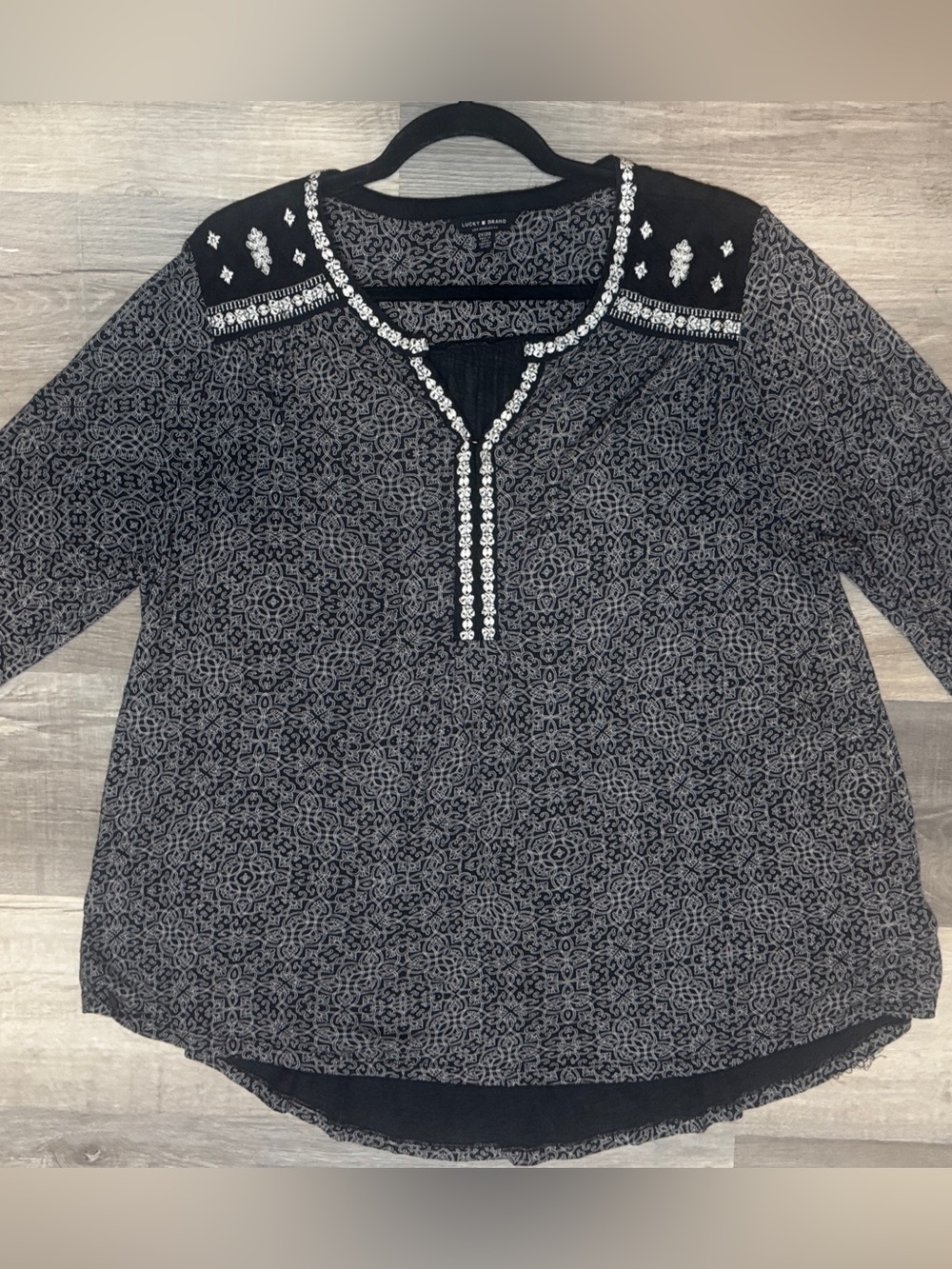 Lucky Brand Black and Gray Patterned Shirt with Embroidered Trim